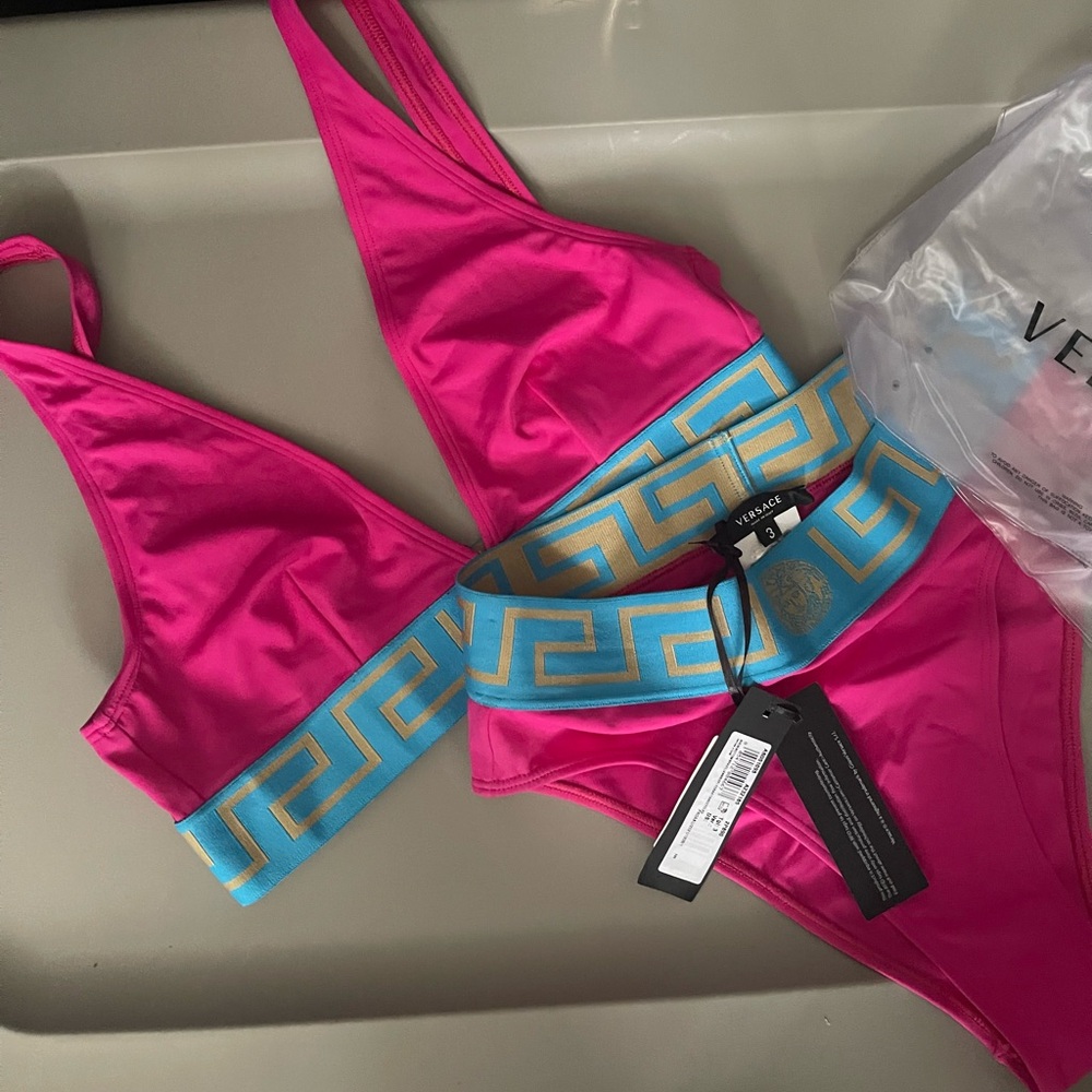 Versace Pink and Blue Bikini Set with Sporty Design